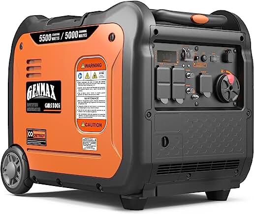 GENMAX Portable Inverter Generator, 5500W ultra-quiet gas engine, Eco-Mode Feature, Ultra Lightweight for Backup Home Use & Camping (GM5500i)