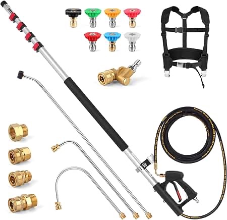 janz 24 FT Telescoping Pressure Washer Wand with Pressure Washer Extension Wand,Gutter Cleaner Attachment, 5 Spray Nozzle Tips, 2 Hose Inlet Adapters and Support Harness