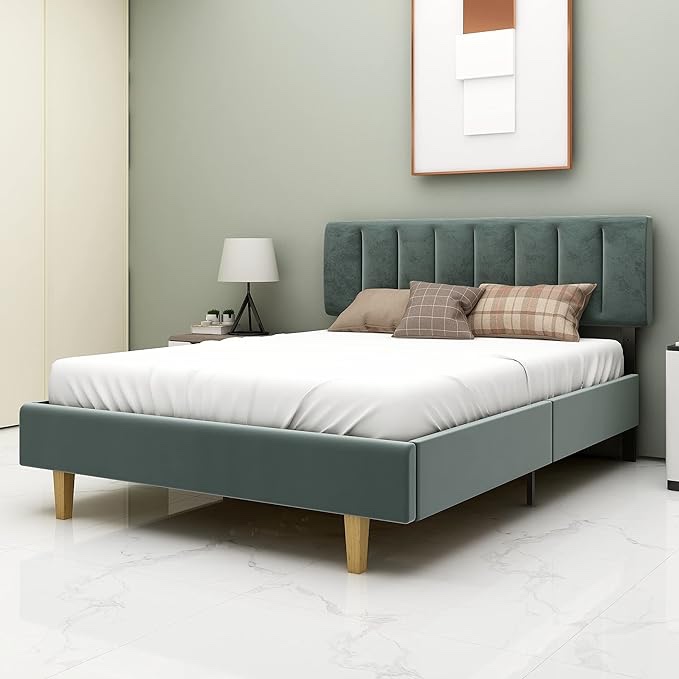 Queen Bed Frame, Velvet, Light Gray, A008LGR-Q