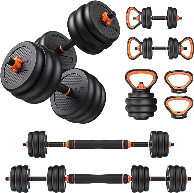 FEIERDUN Adjustable Dumbbells, 50lbs Free Weight Set with Connector, 4 in1 Dumbbells Set Used as Barbell, Kettlebells, Push up Stand, Fitness Exercises for Home Gym Suitable Men/Women