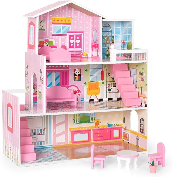 ROBUD Wooden Dollhouse with Furniture, Doll House Playset for Kids Girls, Gift for Ages 3 Years