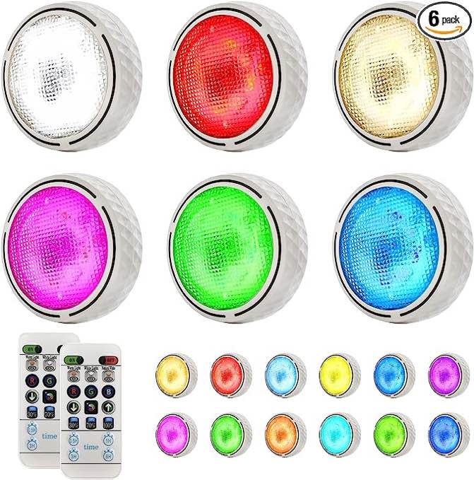 Lights with Remote, Under Cabinet Lights,16 Colors Changeable LED Closet Light Dimmable,Under Counter Light Battery Operated,with Remote Controls & Timing Function (6pcs,), With 2 remote controls