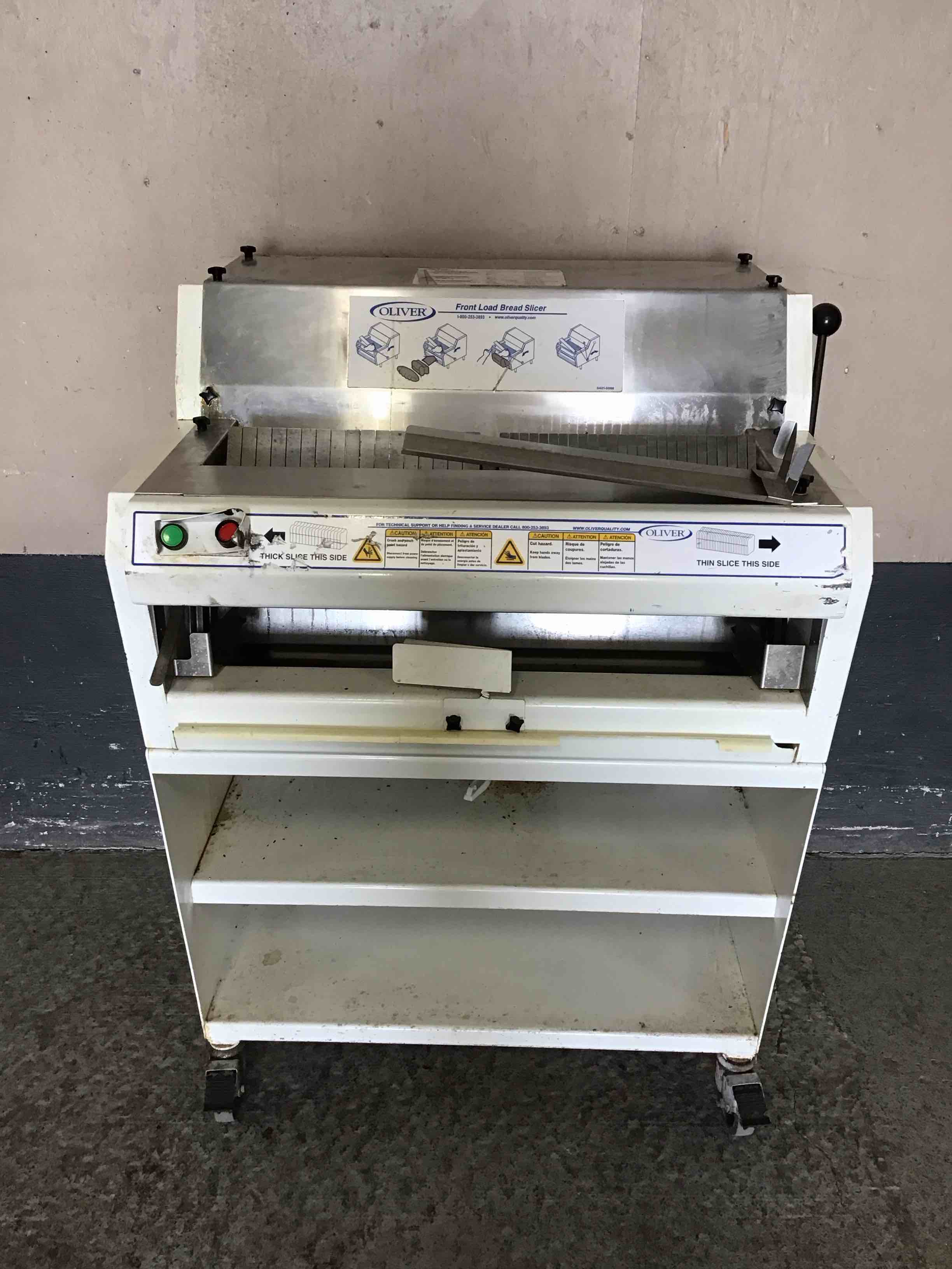 OLIVER FRONT LOAD DUAL SECTION BREAD SLICER WITH BAGGING SCOOP ON CASTERS