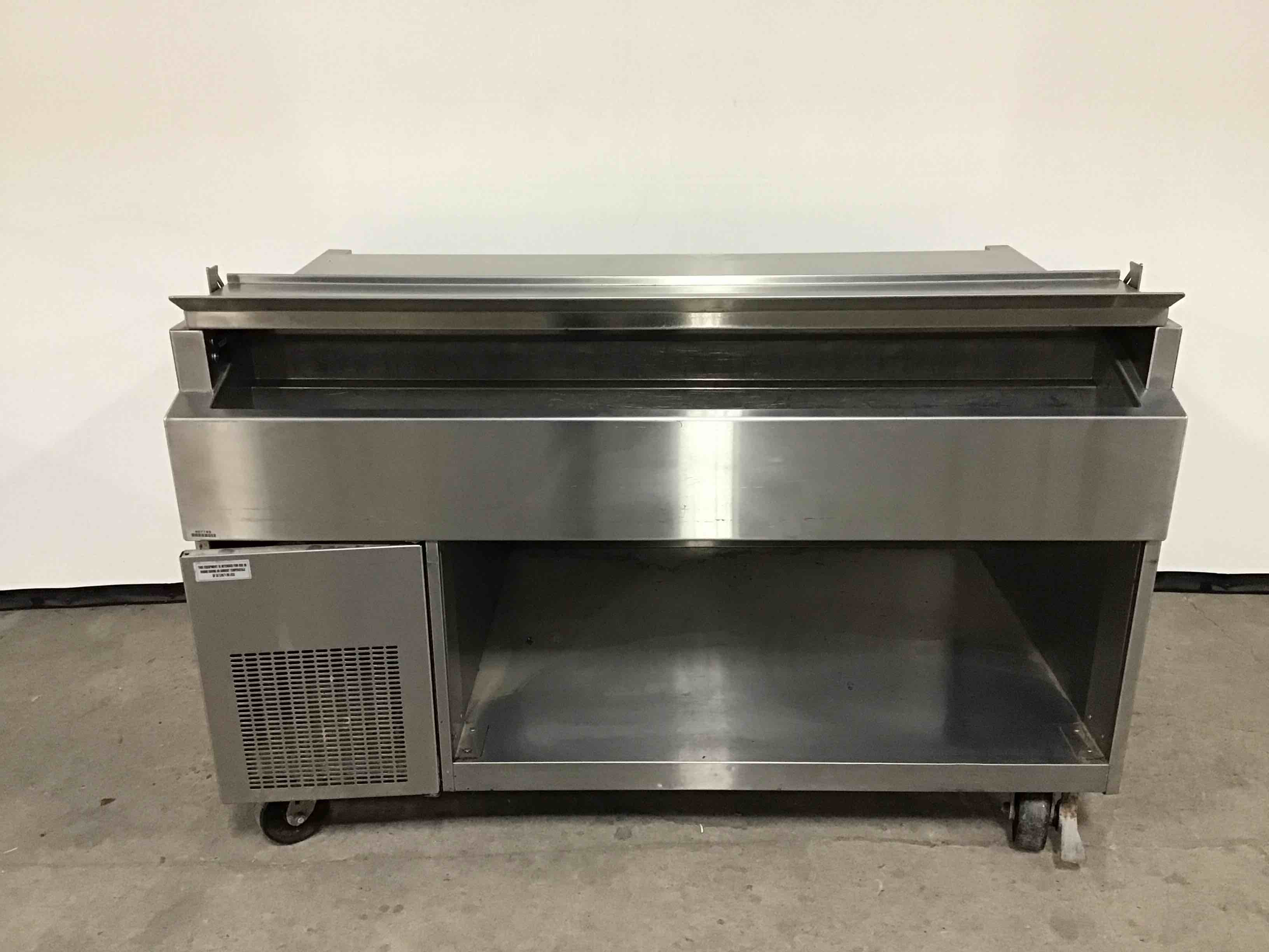 2018 RANDELL 60 INCH STAINLESS STEEL EQUIPMENT STAND PLUS HEATED SHELF, AND COLD RAIL PREP TABLE ON CASTERS