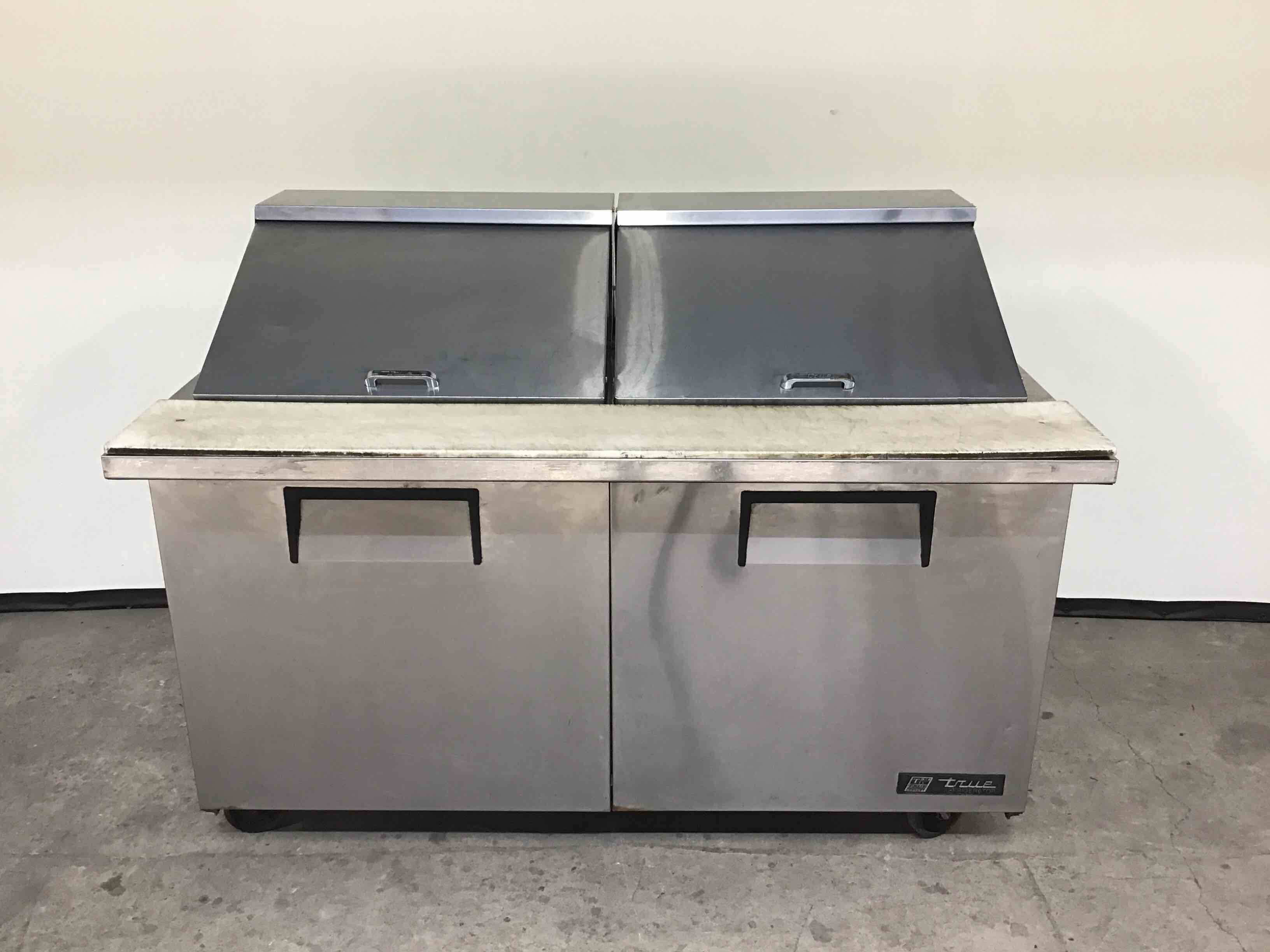 TRUE STAINLESS 60 INCH 2 DOOR REFRIGERATED MEGATOP SANDWICH PREP TABLE ON CASTERS
