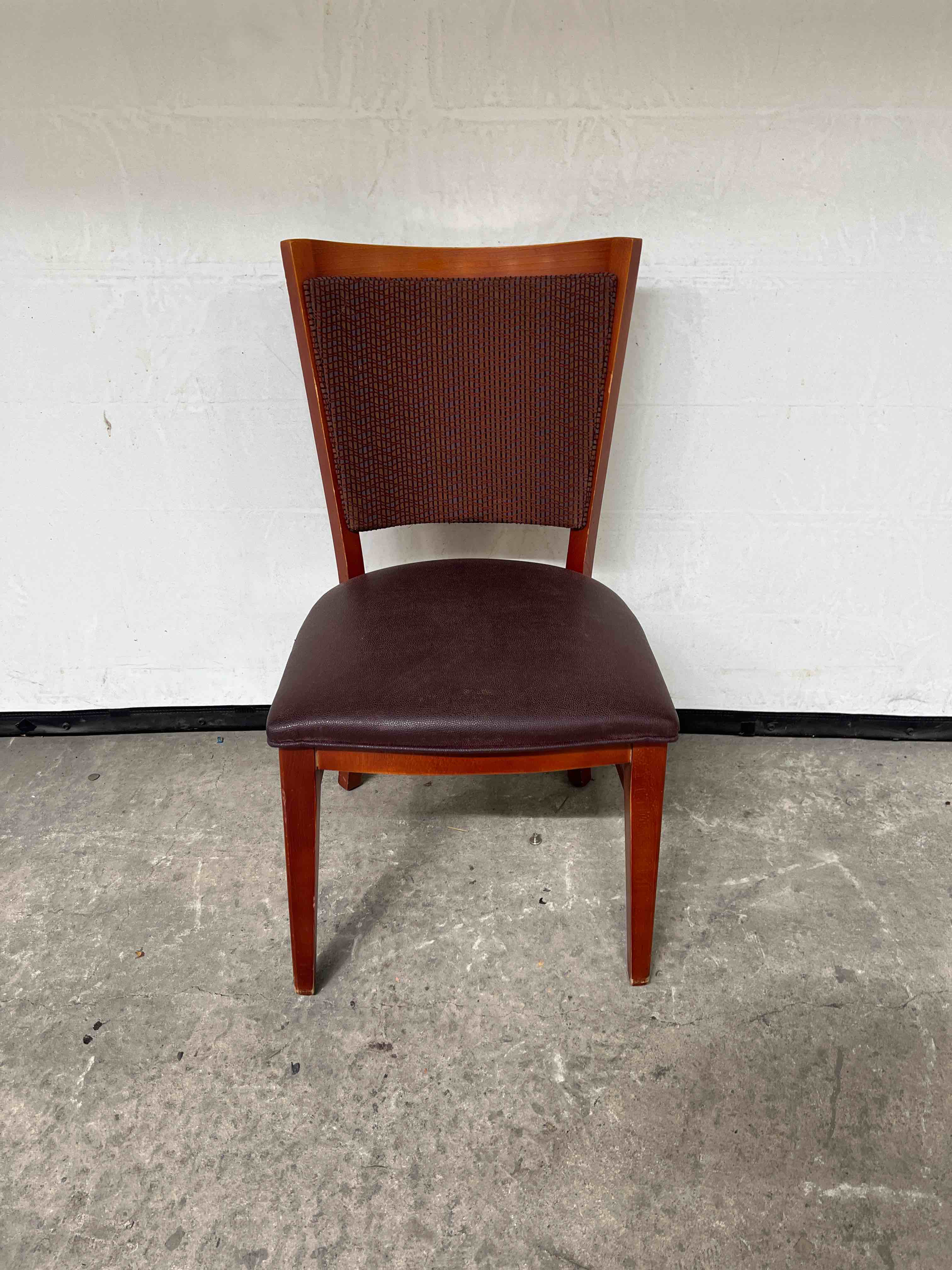 WOOD DINING CHAIR WITH CLOTH BACK AND VINYL CUSHION SEAT 