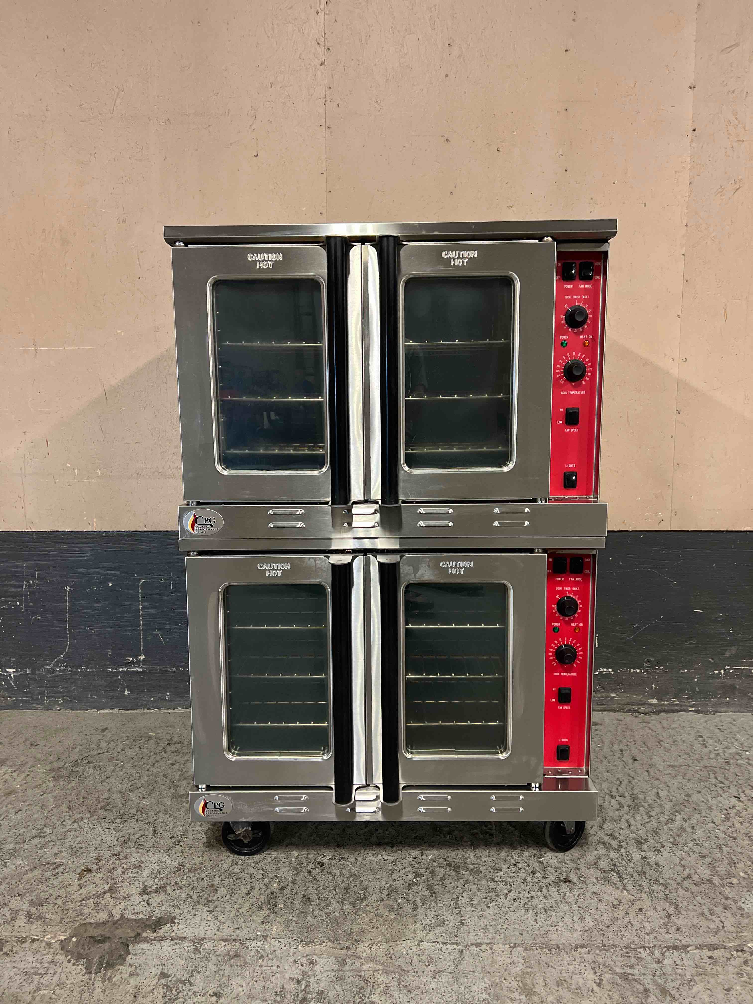 2022 CPG DOUBLE STACK SINGLE PHASE ELECTRIC FULL SIZE CONVECTION OVENS ON CASTERS