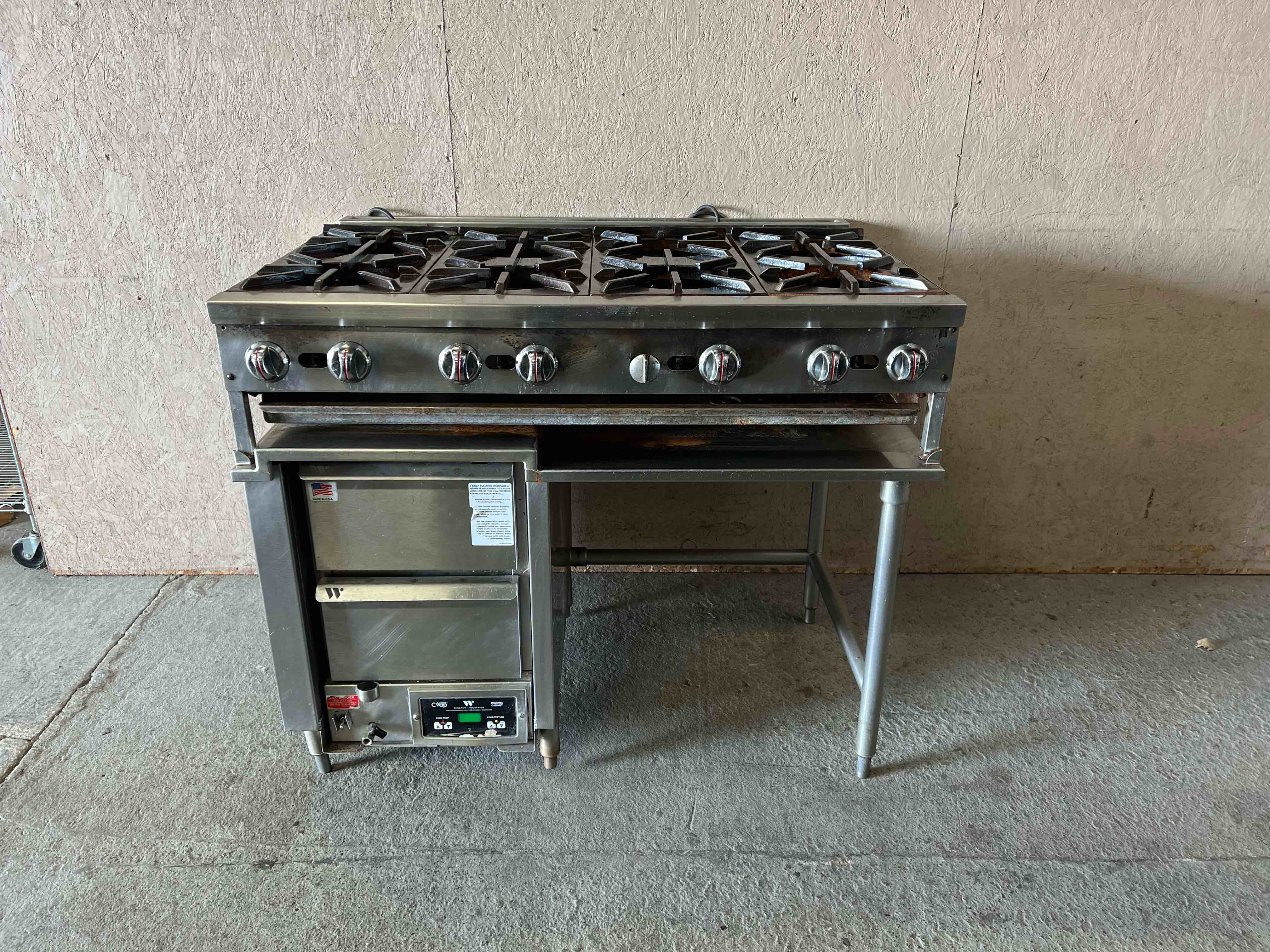 48 INCH 8 BURNER NATURAL GAS RANGE AND WINSTON TWO DRAWER CVAP HEATED HOLDING CABINET ON STAINLESS STEEL STAND