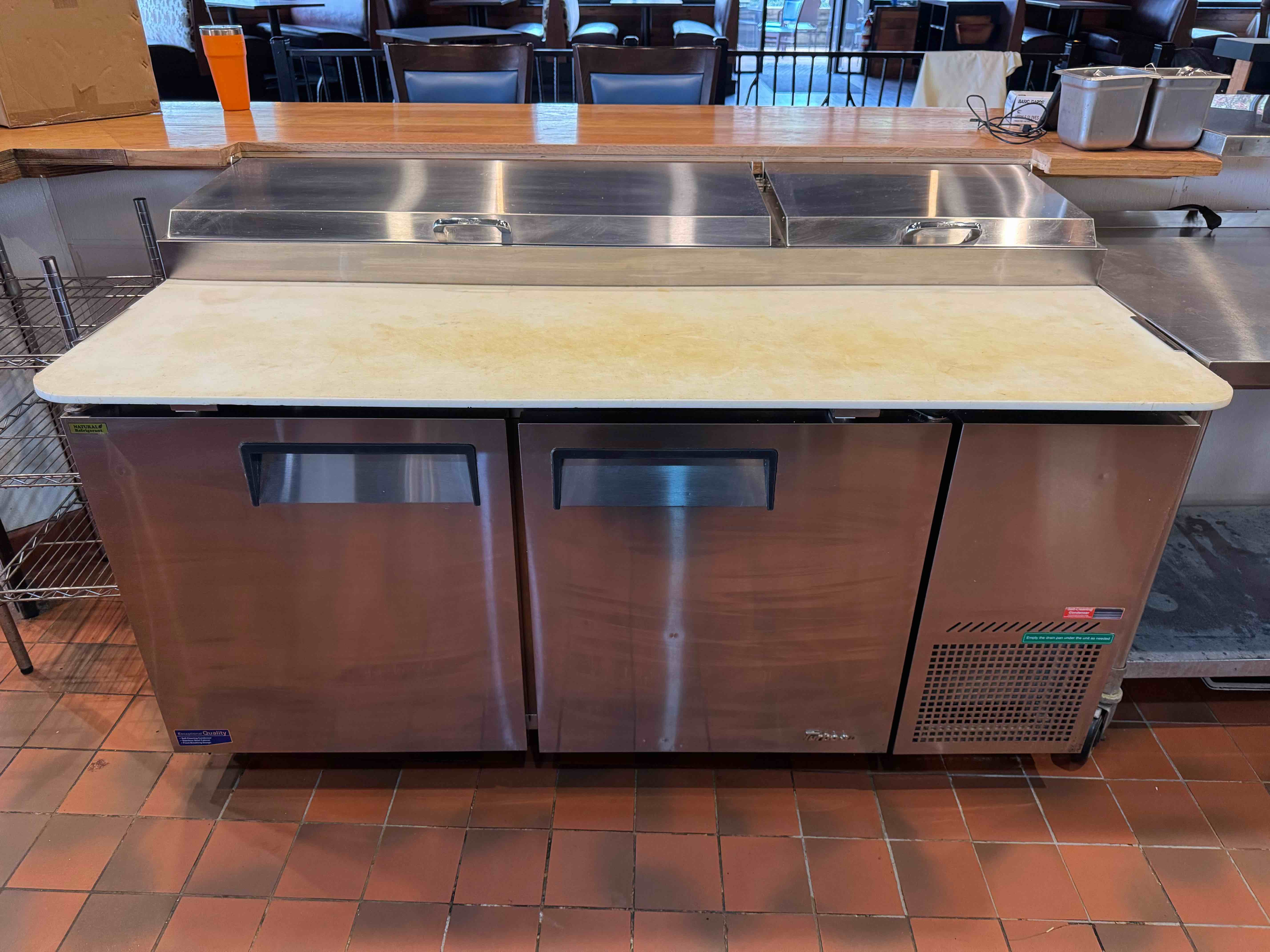 TURBO AIR 67 INCH REFRIGERATED PIZZA PREP TABLE ON CASTERS 