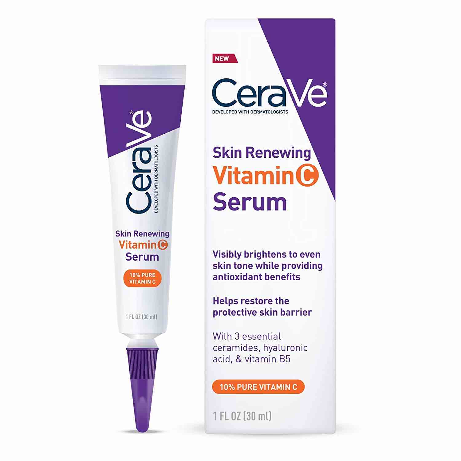 CeraVe suero de vitamina C con ácido hialurónico, suero blanqueador de piel para la cara con 10% de vitamina C pura, sin fragancia, 1 onza. 