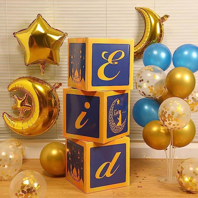 Chitidr Eid Ramadan Decoration Boxes with Balloons, 3 Pcs Purple Blue Paper Boxes with Star Moon Balloon