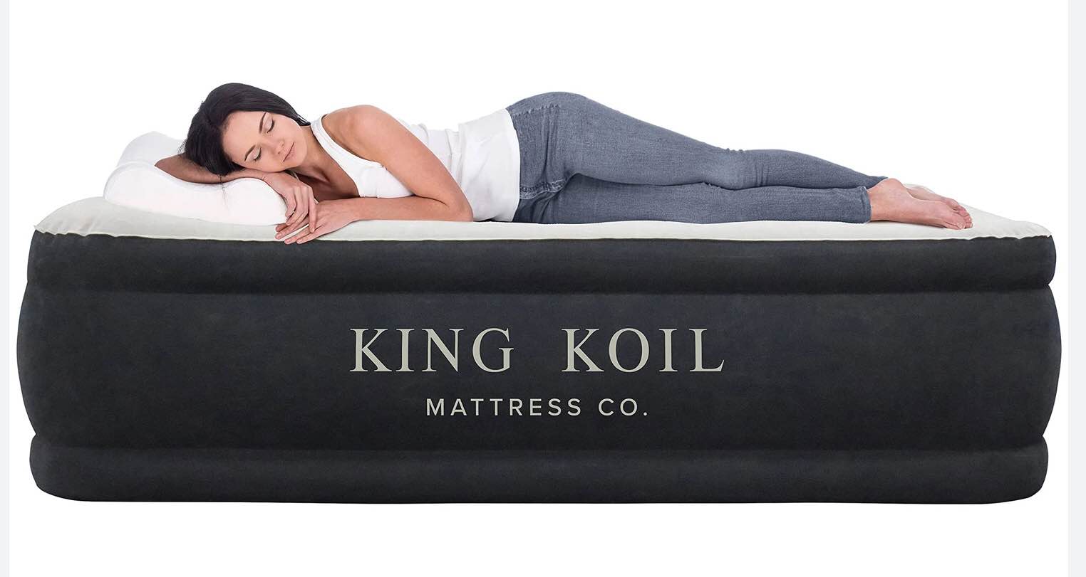 King Koil Luxury Air Mattress Queen with Built-in Pump for Home, Camping & Guests - 20” Queen Size Inflatable Airbed Luxury Double High Adjustable Blow Up Mattress, Durable - Portable