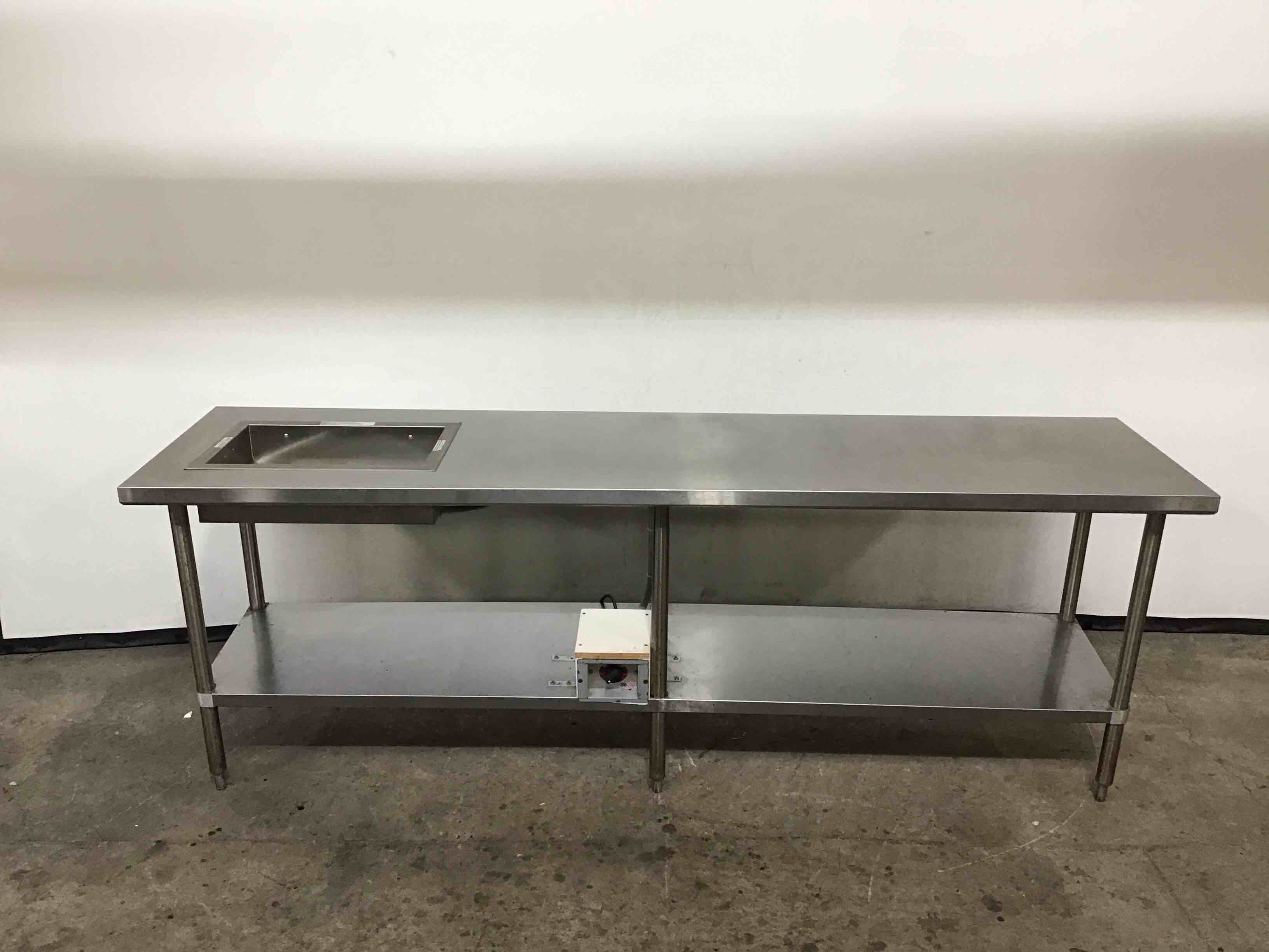 CUSTOM 96 INCH STAINLESS STEEL TABLE WITH HEATED DROP IN COMPARTMENT AND UNDER SHELF 