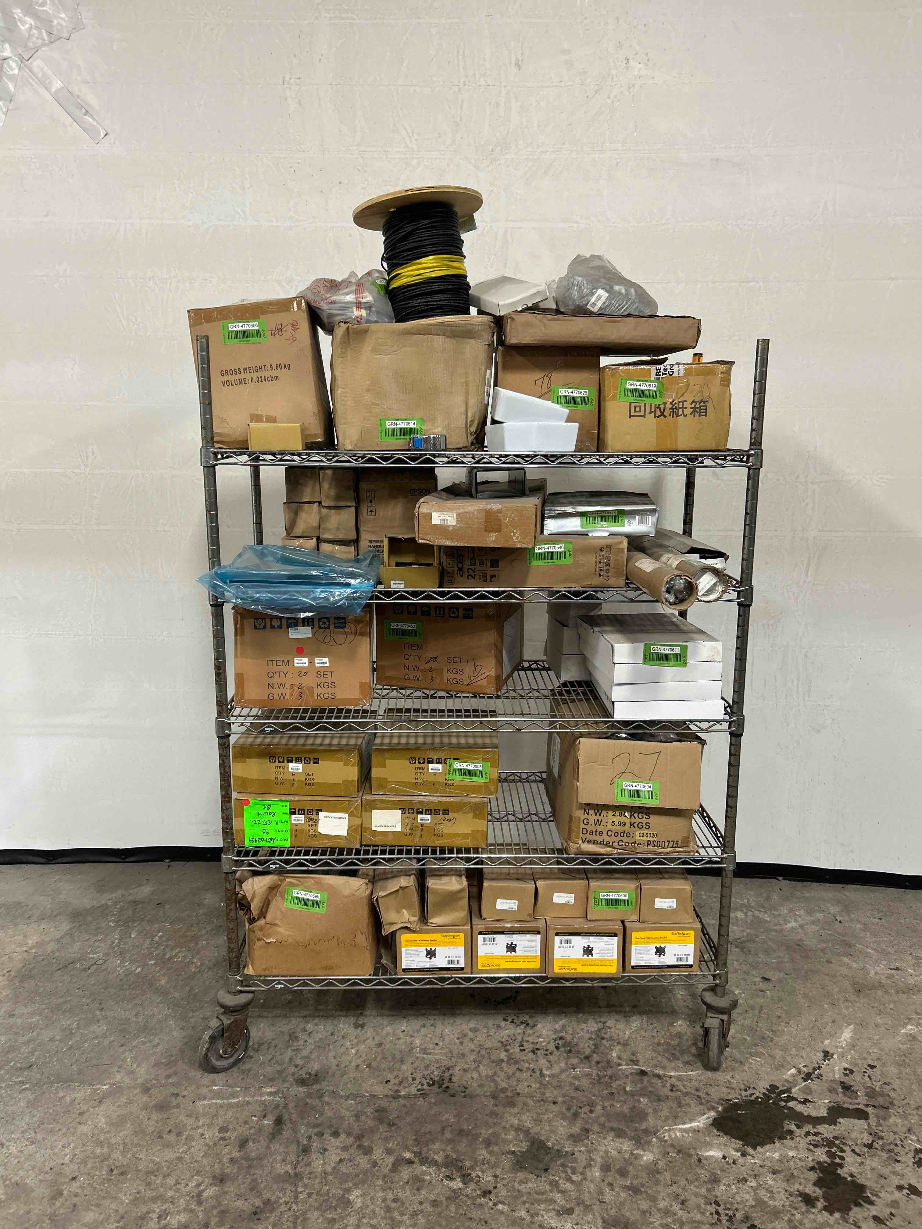 48x21x68 INCH 5 TIER CHROME RACK WITH CONTENTS ON CASTERS