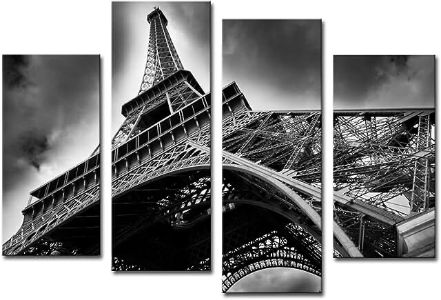 Noah Art-Modern Black and White Canvas Prints, Paris Eiffel Tower Cityscape Artwork Landscape Painting Architecture Poster Art on Canvas, 4 Piece Wall Art Gallery Wrapped Canvas Wall Decor for Bedroom
