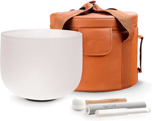 TOPFUND 432Hz B Note Crystal Singing Bowl Crown Chakra Crystals 8 inch with Artificial Leather Carrying Case and Singing Bowl Mallet Suede Striker