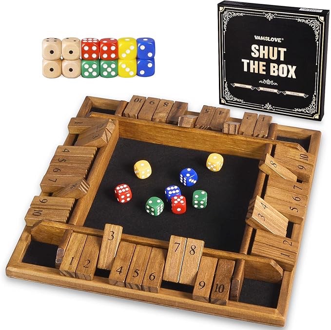 VAMSLOVE Shut The Box Dice Game Wooden Board for 2-4 Player, 4 Sided 10 Numbers Math Games with 8+4 Dices Close The Box for Kids Adults(Instructions Included
