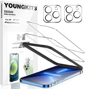 YOUNGKITS 2 Pack Tempered Glass Screen Protector Compatible For iPhone 13 Pro Max + 2 Pack Camera Lens Protector, Case friendly Protective film, 9H Hardnes - HD -Bubble free - Scratch-Resistant