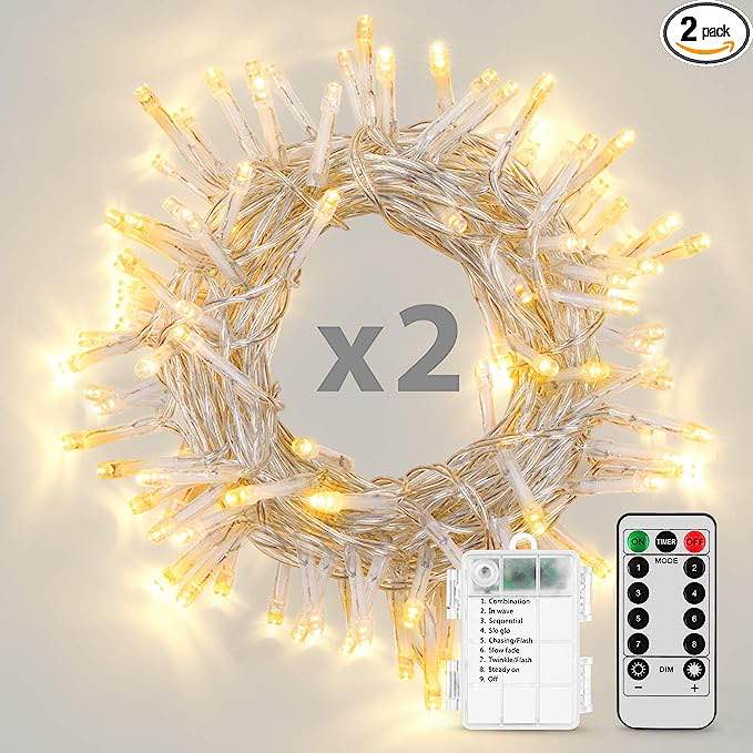Koxly 2 Pack Battery Operated String Lights with Remote Timer Waterproof 8 Modes 16.4ft 50 LED String Lights for Bedroom,Garden,Party,Xmas Tree Indoor Outdoor Decorations, Warm White