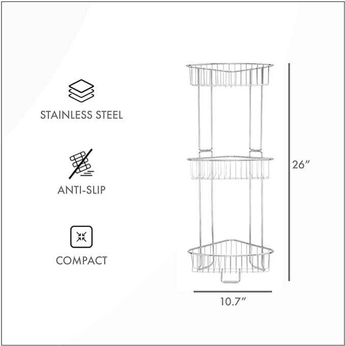 ToiletTree Products Stainless Steel Floor Shower Caddy - Corner Caddy Shelf for Bathroom and Shower Storage - Rust-Proof Shower Caddy for Shampoo, Soap, and More