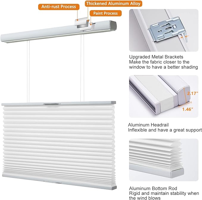 Persilux Custom Size Cellular Shades Top Down Bottom Up Cordless Light Filtering Honeycomb Blinds Thermal UV Protection Energy Saving Pleated Window Shades for Indoor Windows Easy to Install White