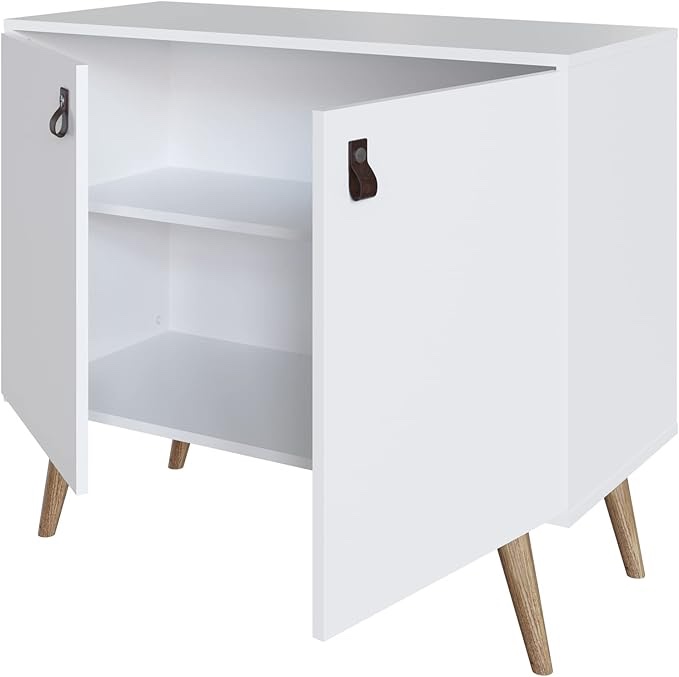 Manhattan Comfort Amber Accent Cabinet with Faux Leather Handles, White