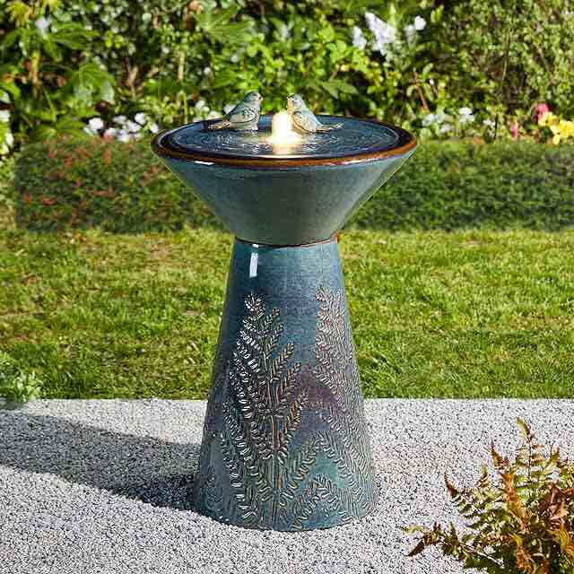 Glitzhome 27.5" H Outdoor Garden Water Fountain with LED Lights and Pump, Turquoise Two Birds Embossed Pattern Pedestal Ceramic Floor-Standing Water for Yard Floor Patio Backyard Decoration