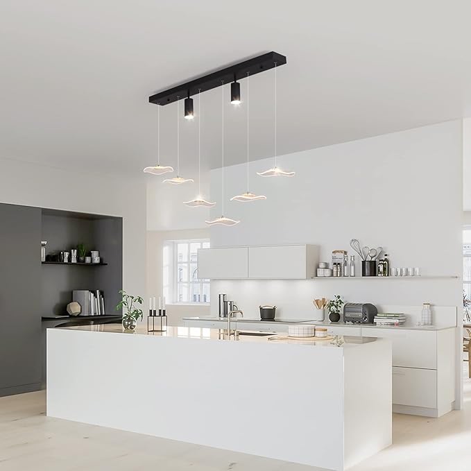 GEADI Modern Pendant Light, Dimmable LED Modern Chandelier Kitchen Island Fixture with Floodlight, Adjustable Hanging Lamp for Dining Room Living Hallway, 34W 6-Leaf Lamp