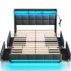 Rolanstar Twin Size Bed Frame with LED Lights and Charging Station, Upholstered Bed Storage Headboard & Drawers, Heavy Duty Wood Slats, Easy Assembly