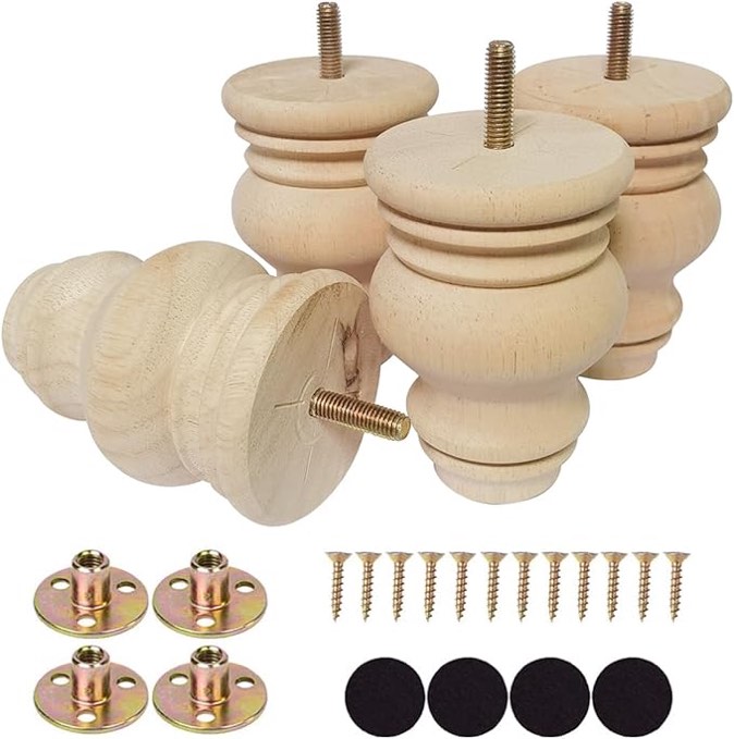 Btibpse 4 Inch Wooden Furniture Legs, Solid Wood Unpainted Replacement Furniture Legs, Ottoman/Loveseat Replacement Legs, Cabinet Legs/Desk/Sofa/Bookcase Round Bun Feet Set of 4 (4 Inch B)