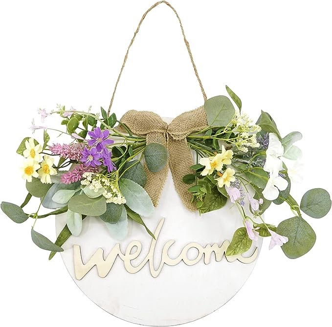 YNYLCHMX 2023 New Spring Welcome Sign for Front Door, Round Wooden Hanging Sign for Outdoor, Porch, Indoor, Farmhouse Front Door Decor with Multi-Colored Flower
