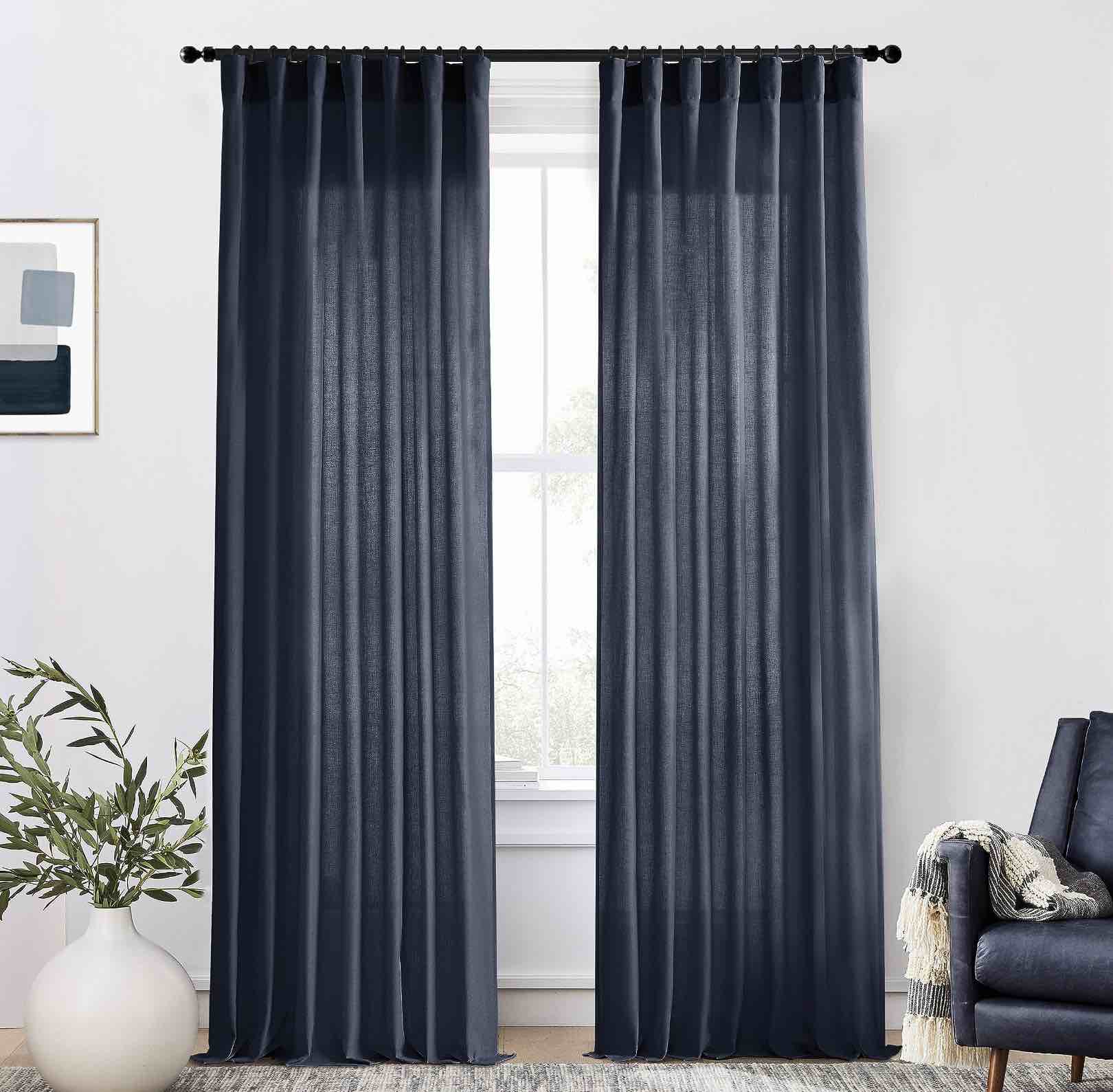 Navy Blue Curtains 84 Inch Lengh for Living Room 2 Panels Set Linen Cotton Back Tab Hooks Pleated Rod Pocket Light Filtering Semi Sheer Curtain Drapes for Bedroom 84 Inches Long,Midnight Dark Blue