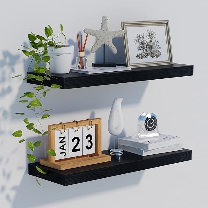 INHABIT UNION Black Floating Shelves for Wall?24in Wall Mounted Display Ledge Shelves Perfect for Bedroom, Bathroom, Living Room and Kitchen Decoration Storage
