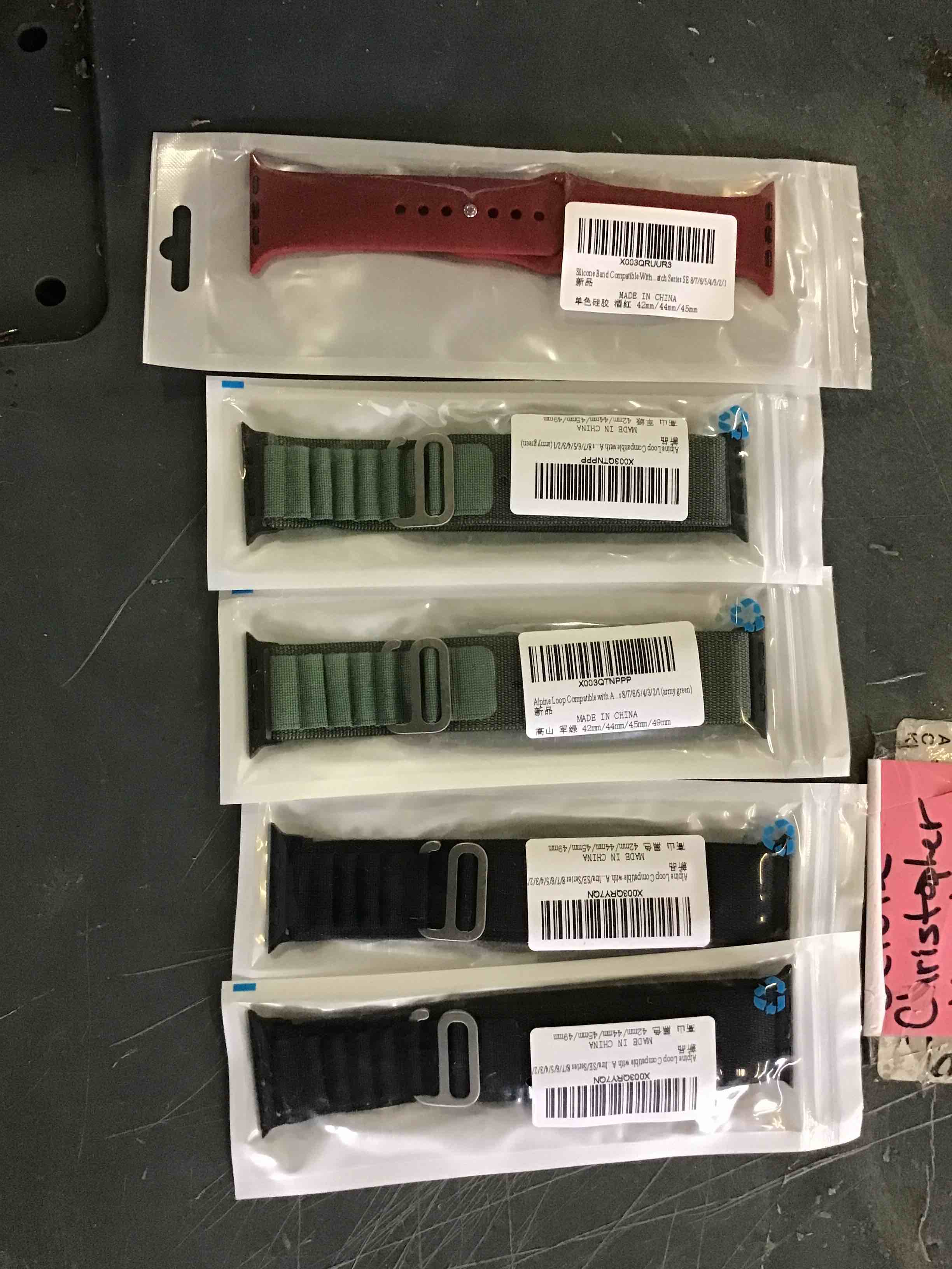 Lot of 5 Watch Bands for Apple Watch SE-8, 1 Red Silicone Band, 2 Army Green Alpine Loop Bands, 2 Black Alpine Loop Bands