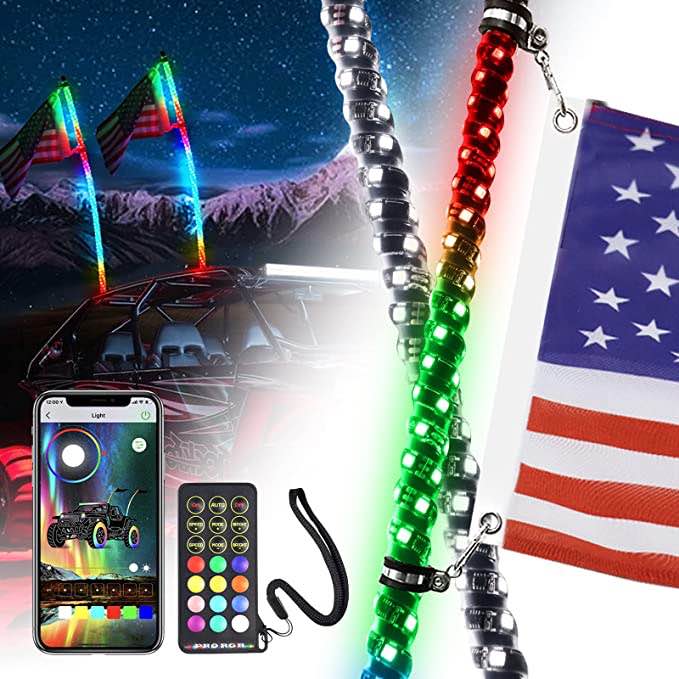 Yiswhis 2PCS 5FT RGBW LED Spiral Whip Light, Chasing Color -Remote & APP Control with Turn Signal and Brake Light Functions, for SXS UTV Polaris RZR Can-Am Dune Buggy 4x4 Trucks