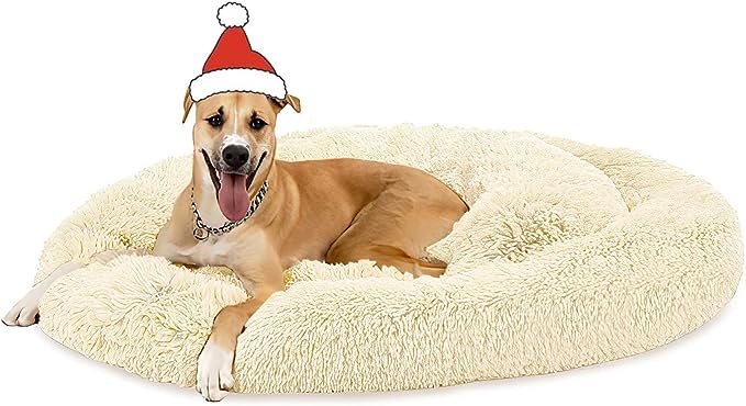 OYANTEN Small Dog Bed - Round Calming Donut Pet Beds for Puppys, Soft Fluffy Warm and Cozy to Improved Sleep, Machine Washable(30 in) Champagne 