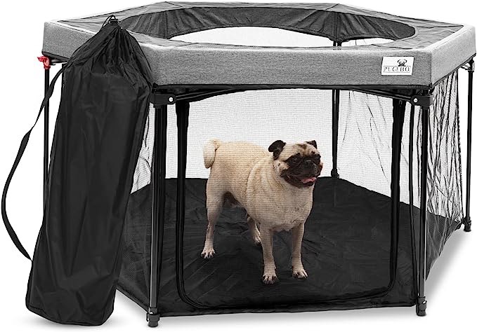 Pugebo Gray Dog Playpen for Large Dogs + Carrying Case - Portable Dog Fence for Camping & Exercise, Foldable, Heavy-Duty & Freestanding, 7 sq. ft to 34.4 sq. ft. (26" Tall)