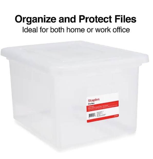 Staples Hanging File Box, Snap Lid, Letter/Legal Size, Clear (TR57620) No Lid