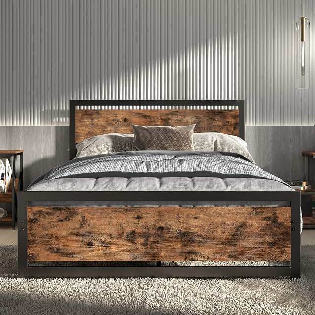 Walsunny Full Size Bed Frame with Rustic Vintage Wood Headboard and Footboard, Strong Metal Slats Support, Under Bed Storage, Easy to Install, Sturdy and Stable, No Box Spring Needed