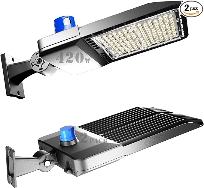 bulbeats 2Pack 420W LED Parking Lot Lights Outdoor (60000lm Eqv 2000W HPS) Arm Mount LED Pole Light with Photocell Outdoor Parking Lot Lights Commercial Saving 6600KW*2/Y (5Hrs/Day)