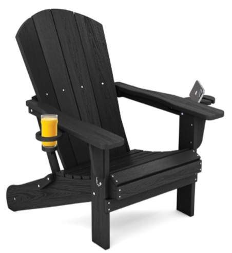 SERWALL HDPE Folding Adirondack Chair with Dual Cup Holder - Weather-Resistant and Eco-Friendly Composite Adirondack Chair - Black