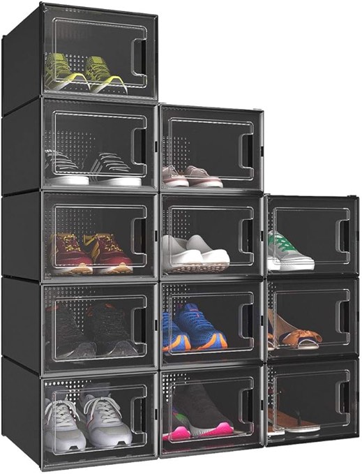 YITAHOME Shoe Box, Set of 12 Medium Size Shoe Storage Lightweight Plastic Organizers Stackable Shoe Storage Box Rack Drawers - Black