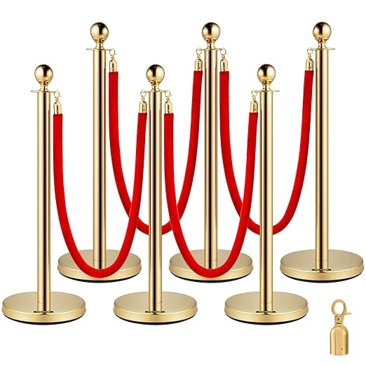 Stainless Steel Stanchion Post Queue 5 ft Red Velvet Rope Red Carpet Ropes and Poles Crowd Control Barriers Sand Injection Hollow Base and Velvet Ropes Set for Party Supplies (6 Pieces, Gold)