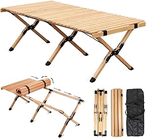 iHomey 4ft Low Height Portable Folding Wooden Travel Camping Table for Outdoor/Indoor Picnic, BBQ and Hiking with Carry Bag, Multi-Purpose for Patio, Garden, Backyard, Beach(Large, Wood)