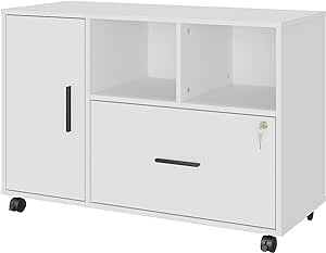 Wood File Cabinet with Lock, 1-Drawer Wooden Office Lateral Filing Cabinet on Wheels Mobile Printer Stand with Open Storage Shelf for Letter/Legal/A4 Size Files (White)