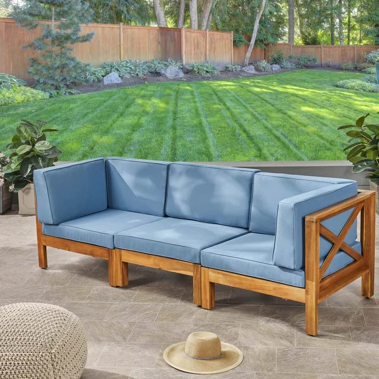 88.5'' Acacia Outdoor Patio Sofa TEAK FINISH + BLUE CUSHION (64492.00BLU) (incomplete only box 1)