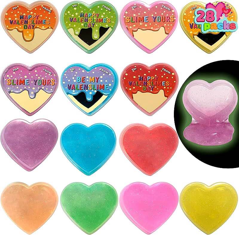 PinkDoiphin Valentines Day Gifts for Kids - 28 Valentine Slime Glow in The Dark, Multicolor Heart Slime Toys for Kids Valentine Classroom Exchange, Gift Exchange, Valentine Party Favors, Game Prizes