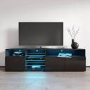 Meble Furniture Roma TV Stand for TVs up to 90", Modern High Gloss 79" Entertainment Center, TV Media Console with Storage Cabinets and LED Lights, Black 