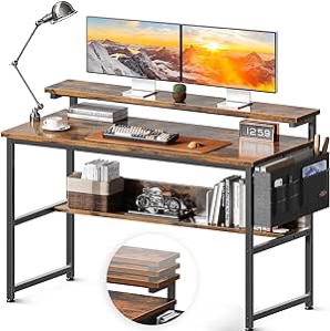 ODK Computer Desk with Adjustable Monitor Shelves, 48 inch Home Office Desk with Monitor Stand, Writing Desk, Study Workstation with 3 Heights 