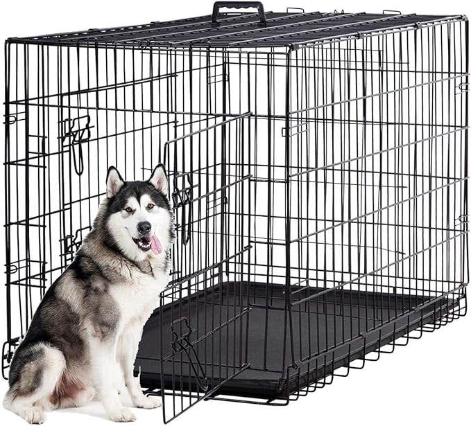 HGS 42-Inch Dog Crate Dog Cage Metal Wire Dog Kennel Large Dog Cage Folding Puppy Crate Outdoor Indoor Animal Pet Cage with Handle and Plastic Tray, 2 Doors (with Safety Lock), Black